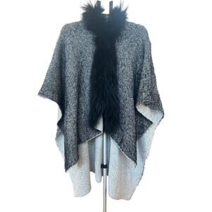 Linda Richards Luxury Hooded Fur Trim Poncho Cape Marled Knit Black White Wrap